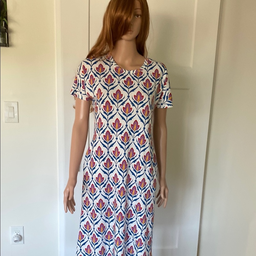 Floral Patterned Dress with Blue and Red Accents